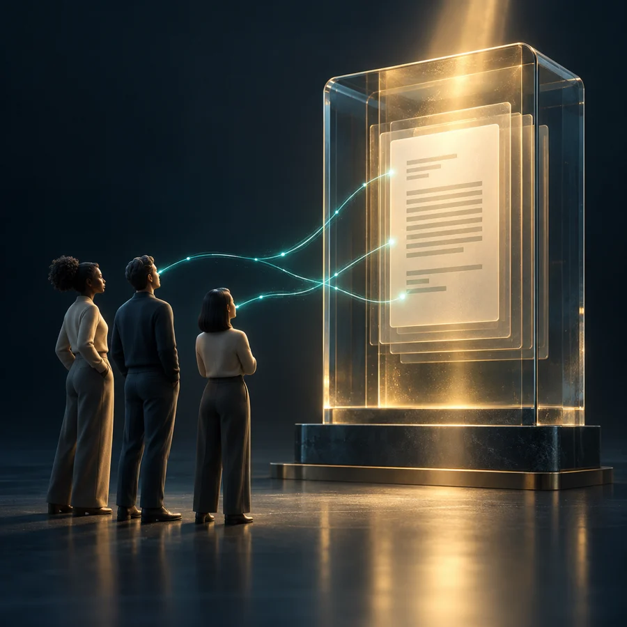 Personas conectadas con una evidencia documental visible y protegida en un archivo transparente